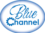 Logo with the words Blue Channel in blue inside a blue oval.