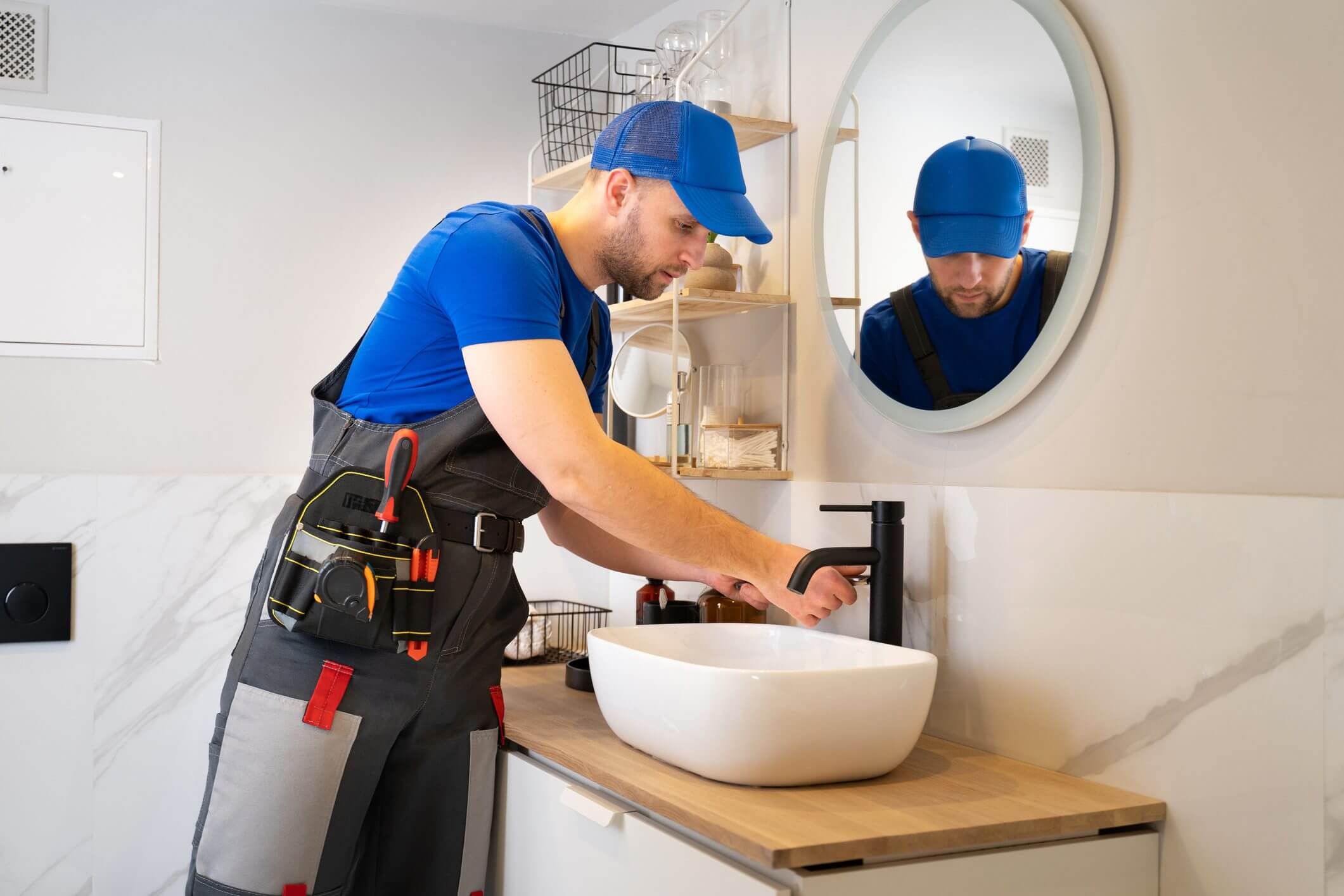 Plumber washing hands in modern bathroom.