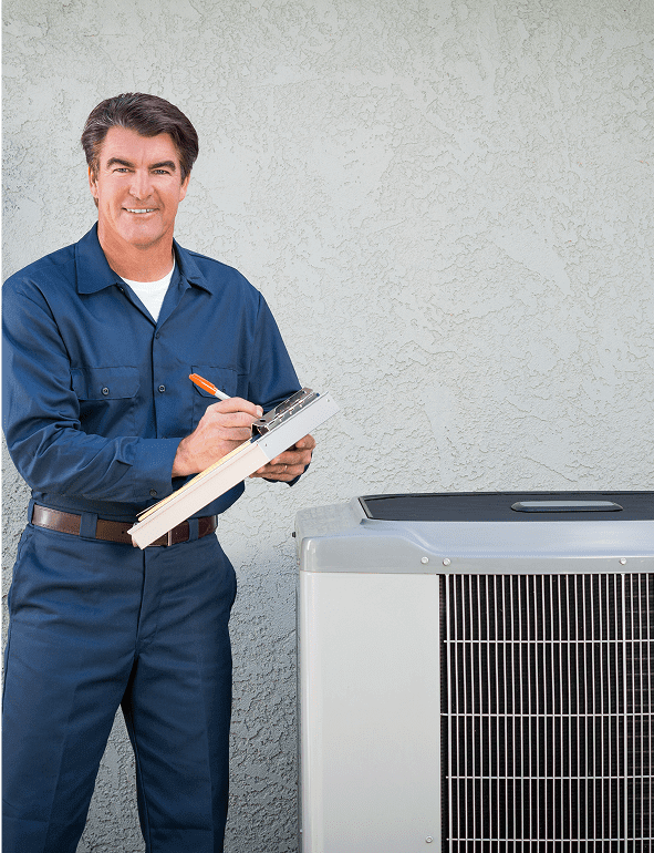 Technician inspecting an outdoor air conditioner unit.