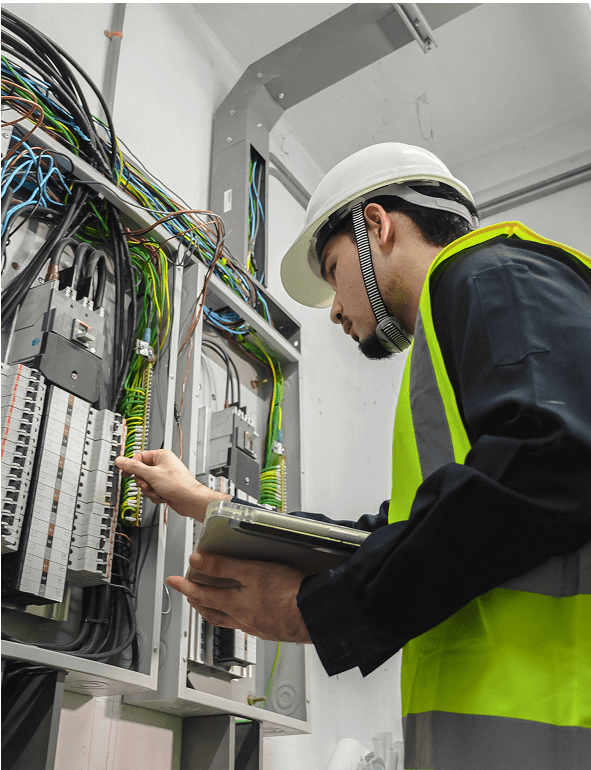 Electrician inspecting circuit panel with clipboard.