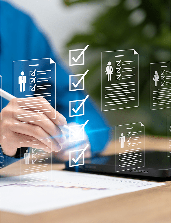 Digital checklist with floating document icons.