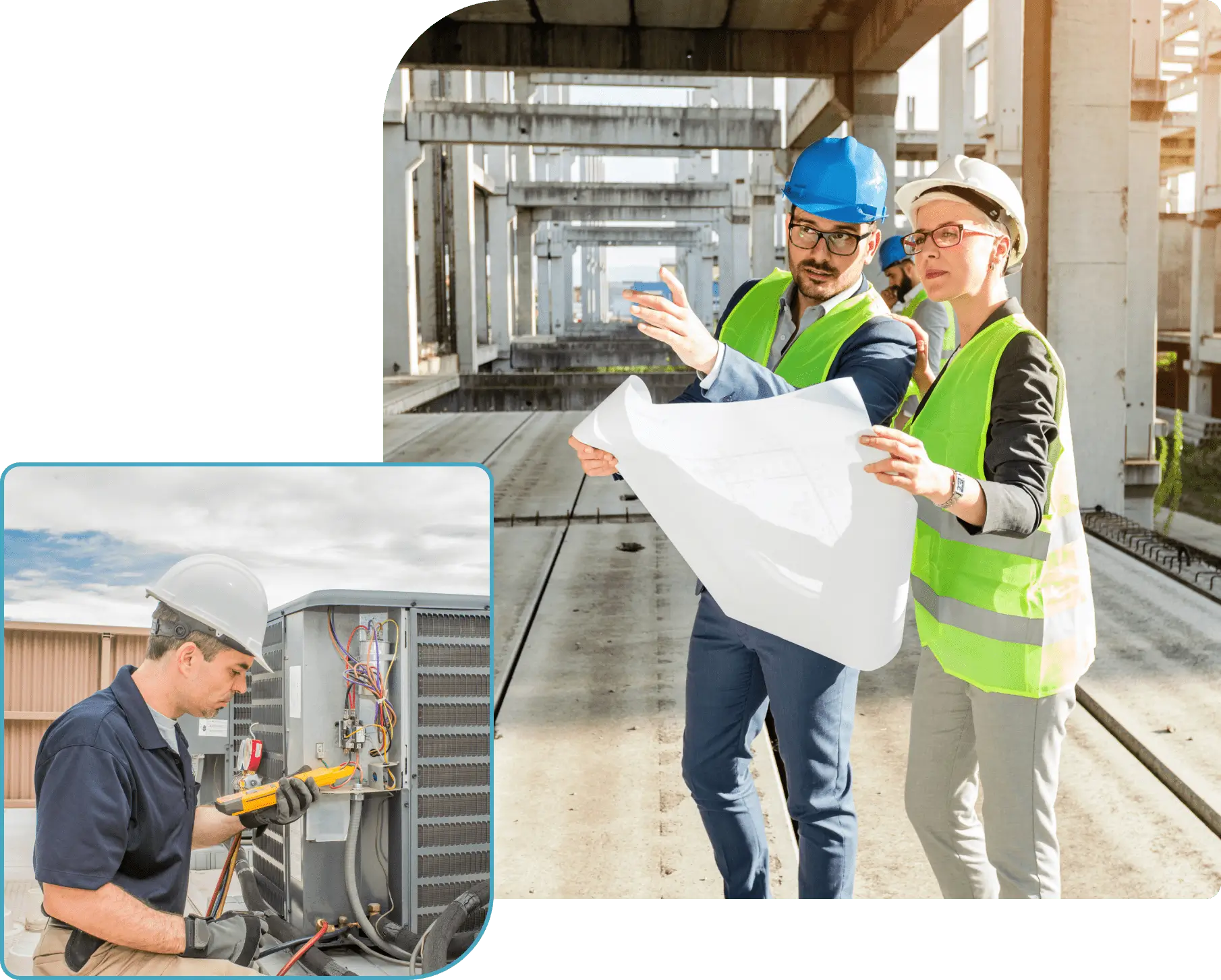 Engineers discussing plans, technician repairing equipment.